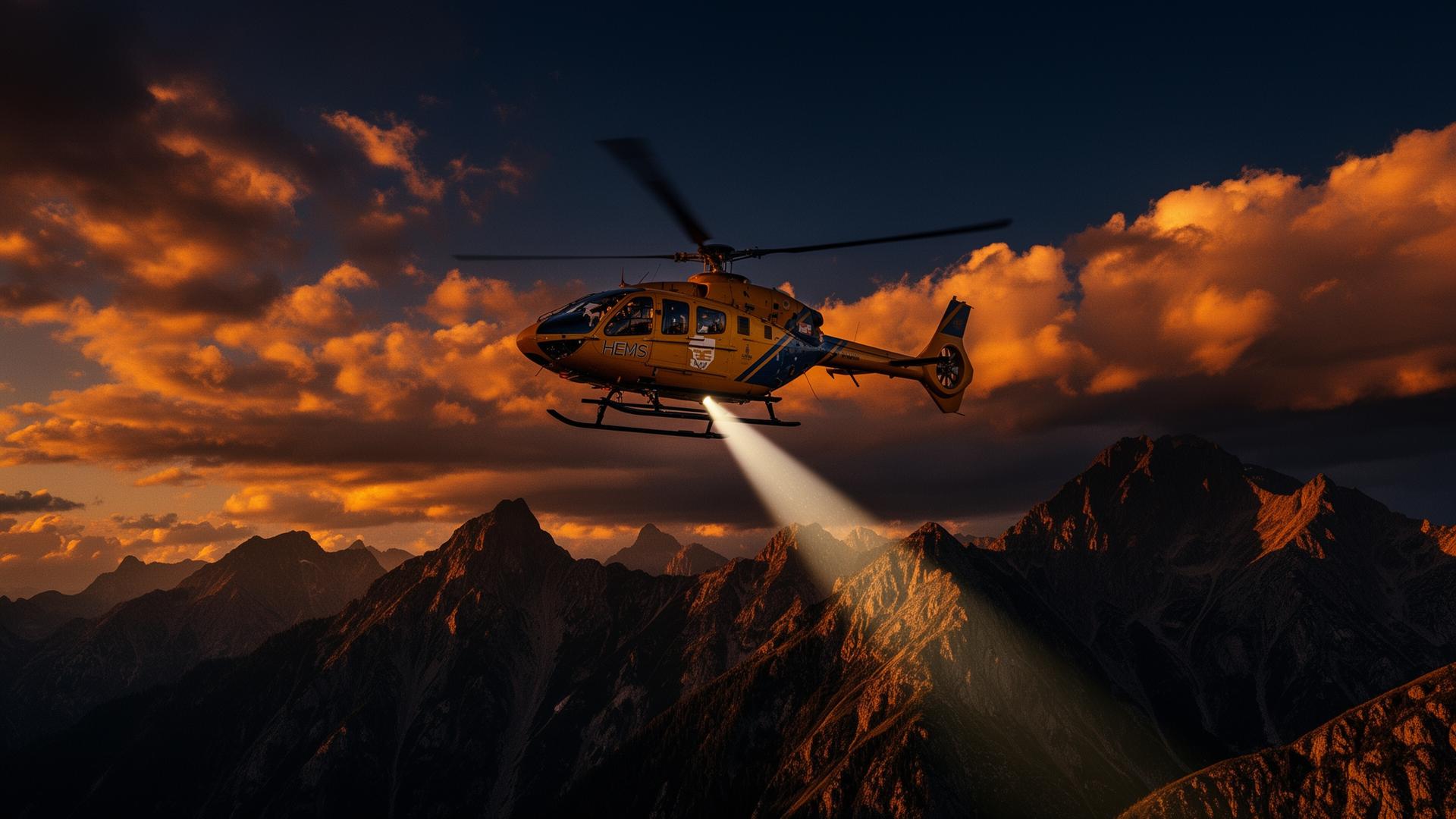 HEMS rescue helicopter over mountains
